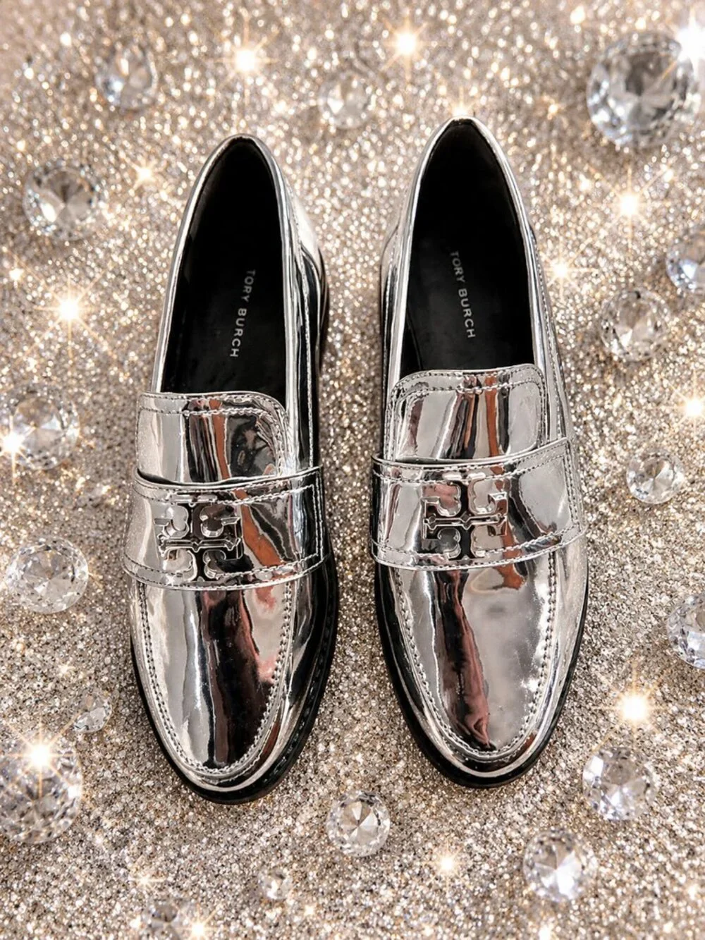 NEW WITH BOX Tory Burch Mirror Metallic Silver Logo Lug Loafers